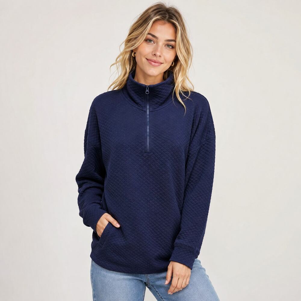 L.L. Bean Quilted 1/4 Zip Pullover Sweatshirt Women's Size M Navy Outdoor Hiking